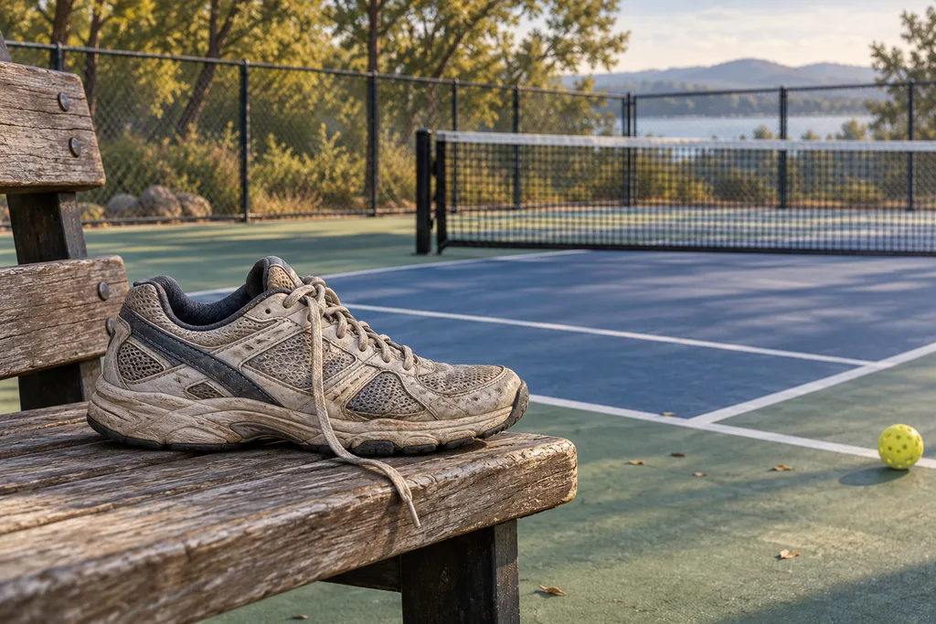 Une chaussure de sport à la semelle usée posée sur un banc au bord d'un court, éclairée par une lumière douce.