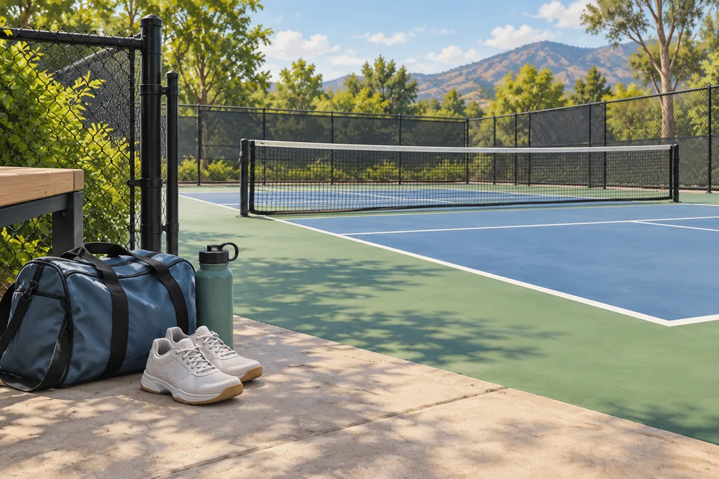 Un sac de sport posé à l'entrée d'un court avec une bouteille d'eau et des chaussures de sport.